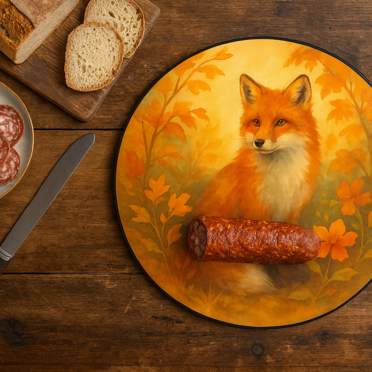 Planche � d�couper ronde en verre Renard automnal Planche 30 cm