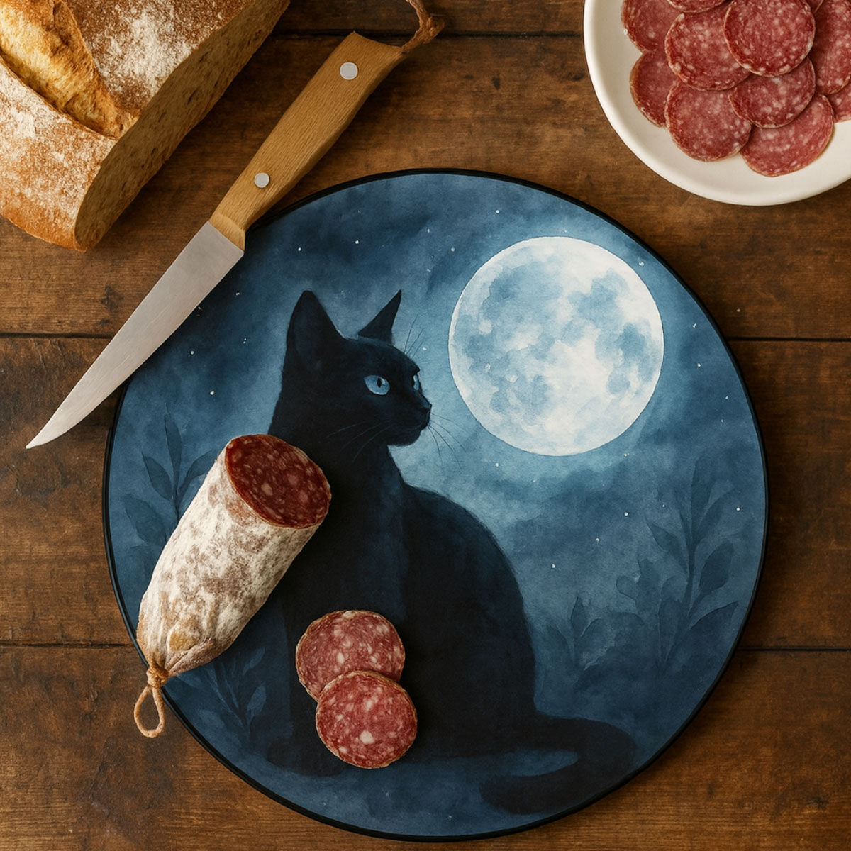 Planche � d�couper ronde en verre Chat noir 30 cm