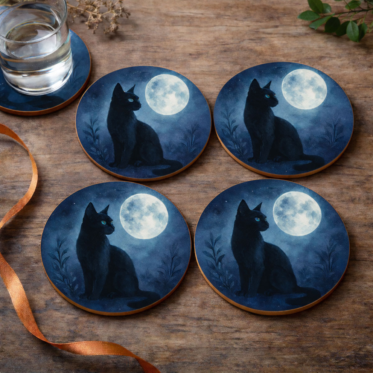 Set de 4 dessous-de-verre chat noir lune