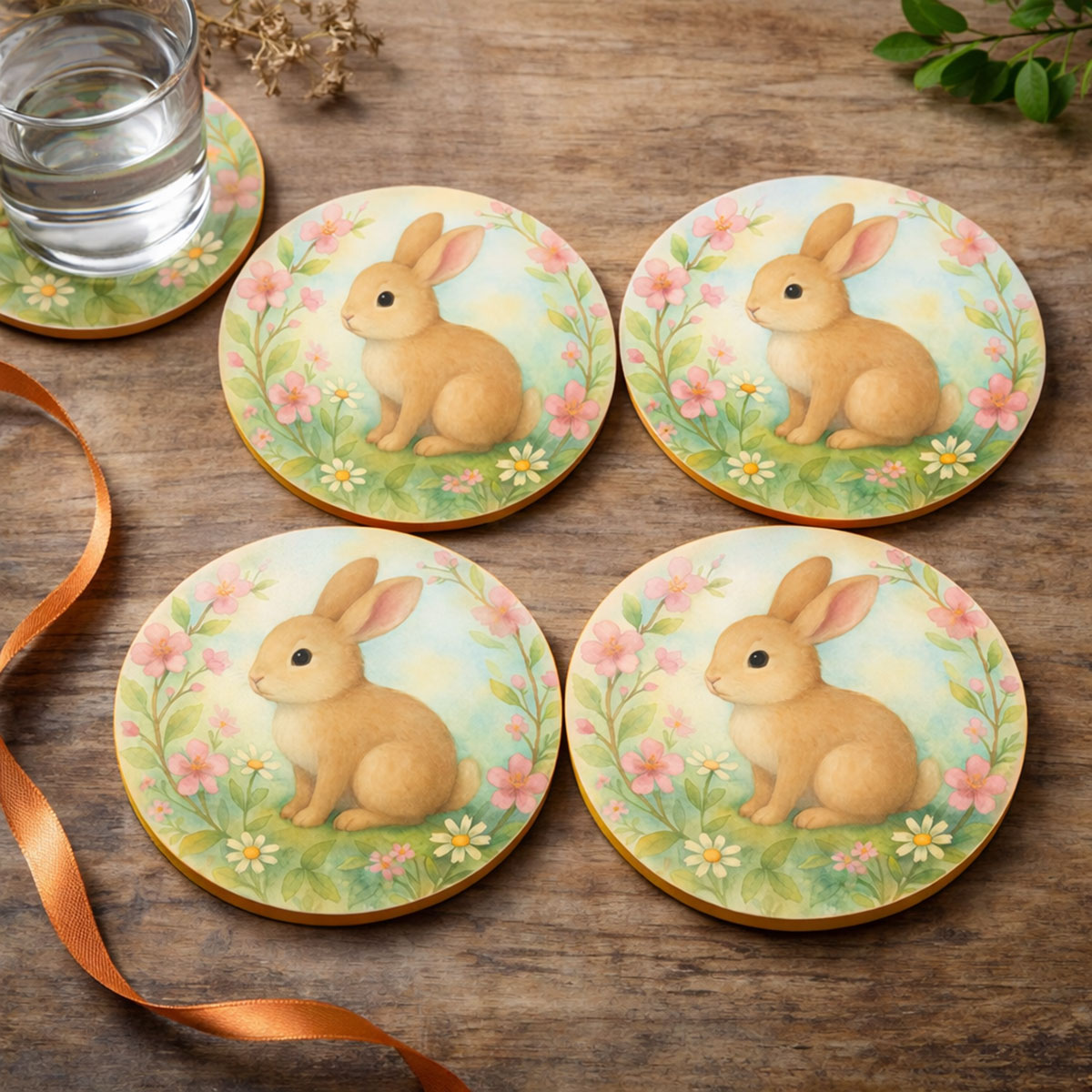 Set de 4 dessous-de-verre ronds Lapin Fleuri