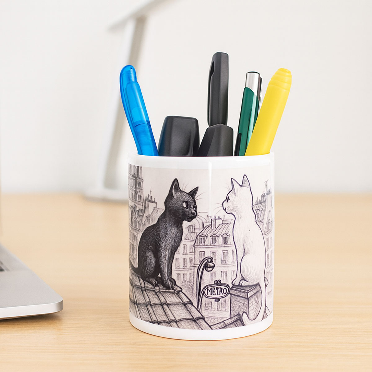 Pot  crayons en cramique  Chats de Paris noir et blanc