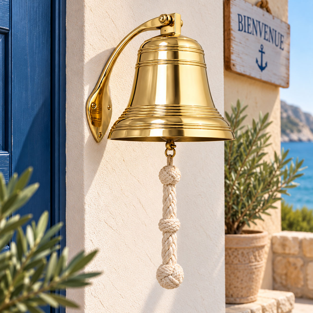 Cloche marine laiton brillant 34 cm avec corde