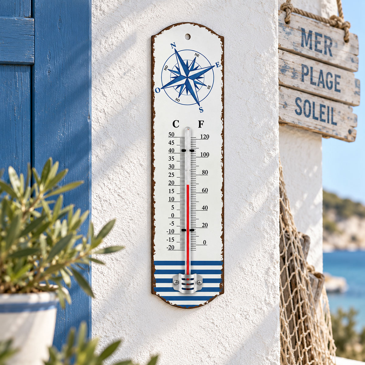 Thermom�tre mural marin rose des vents en m�tal 26,8 cm