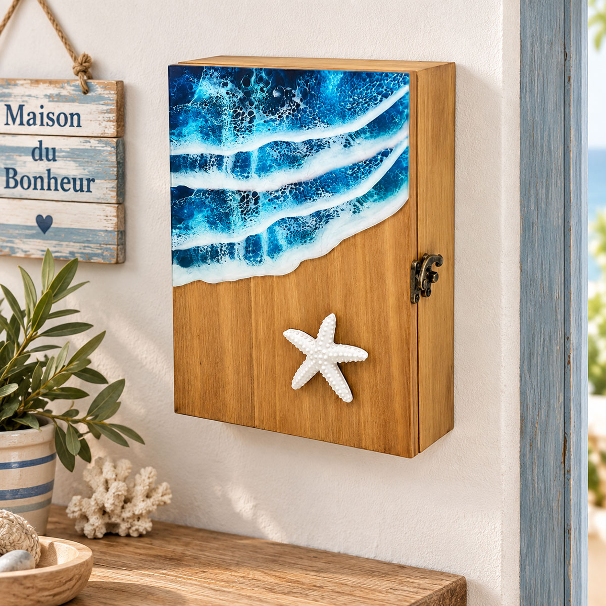 Bo�te � cl�s murale bord de mer en bois 6 crochets 25 cm