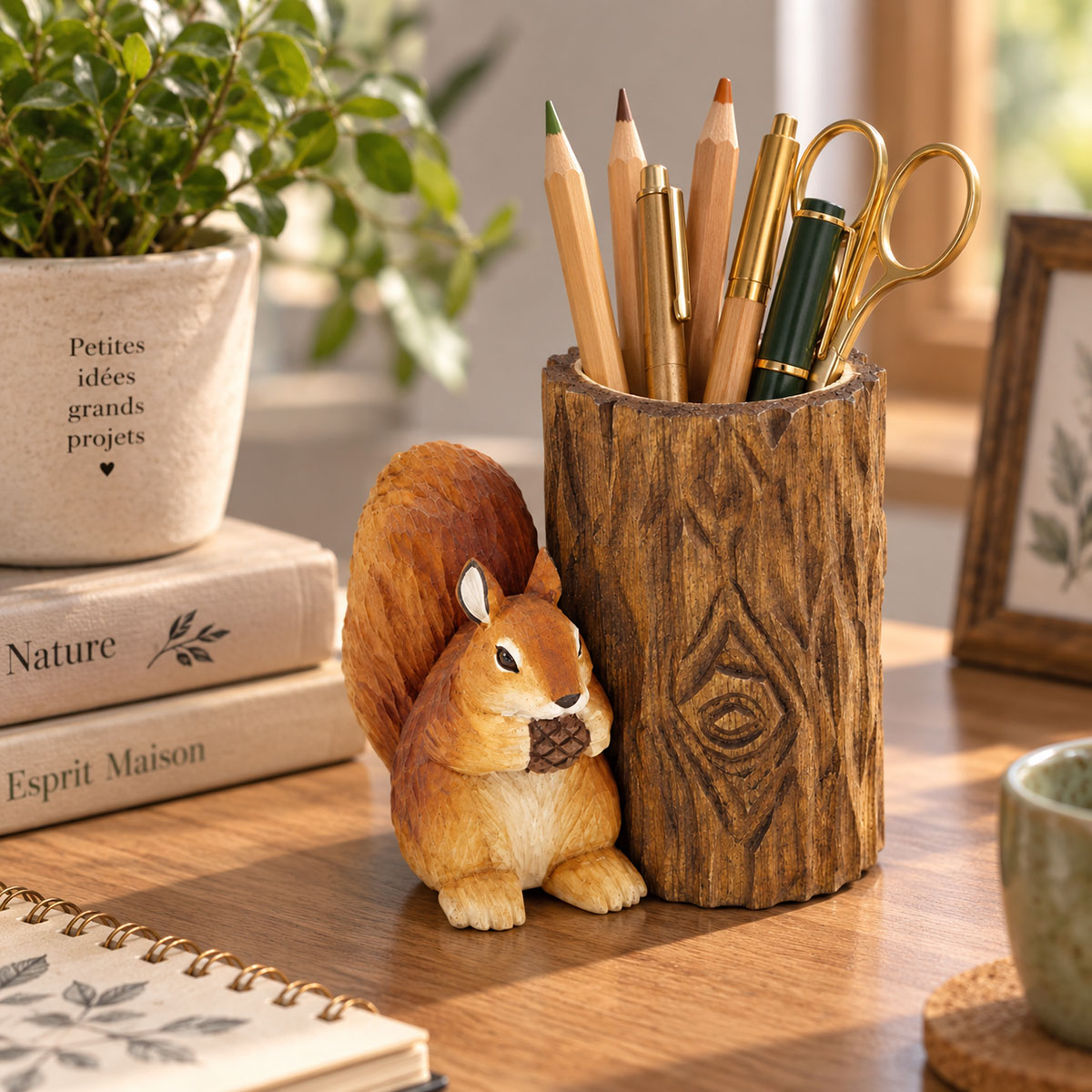 Pot � crayons �cureuil en bois avec taille-crayon int�gr� 12 cm