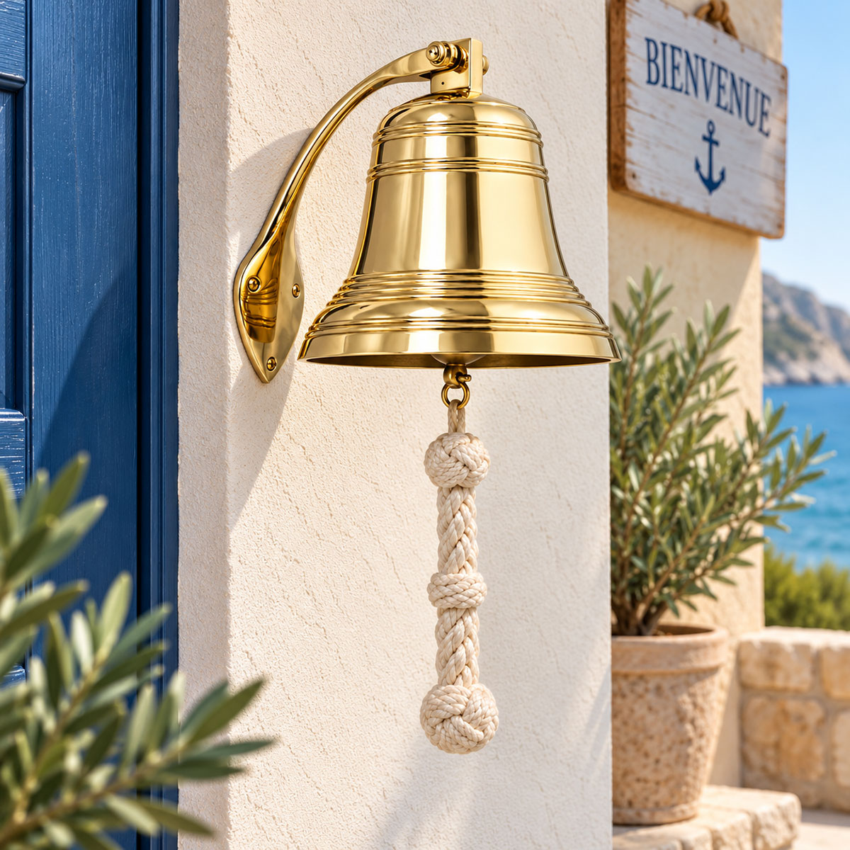 Cloche murale marine en laiton brillant avec corde 33 cm