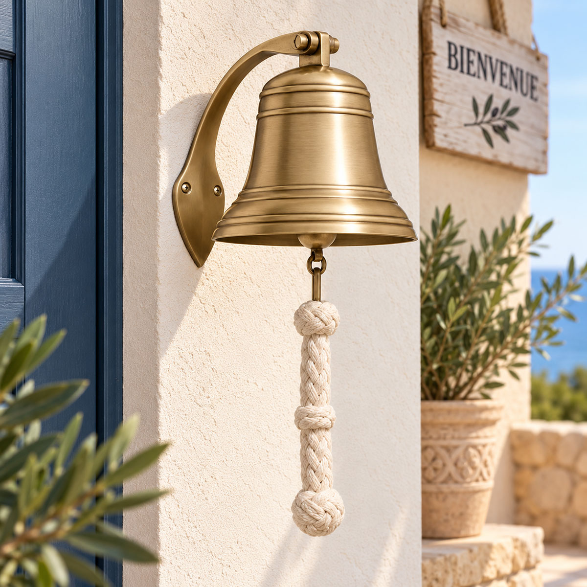 Cloche marine laiton vieilli 34 cm avec corde