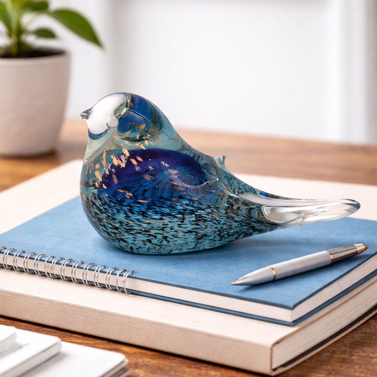 Presse-papier oiseau en verre � Mod�le bleu paillet�