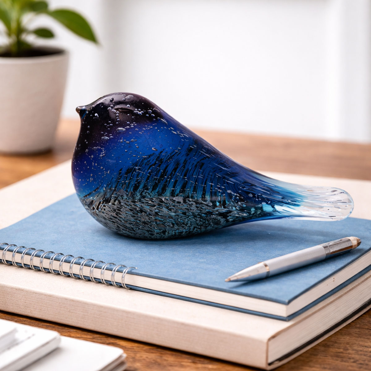 Presse-papier oiseau en verre � Mod�le bleu et blanc paillet�