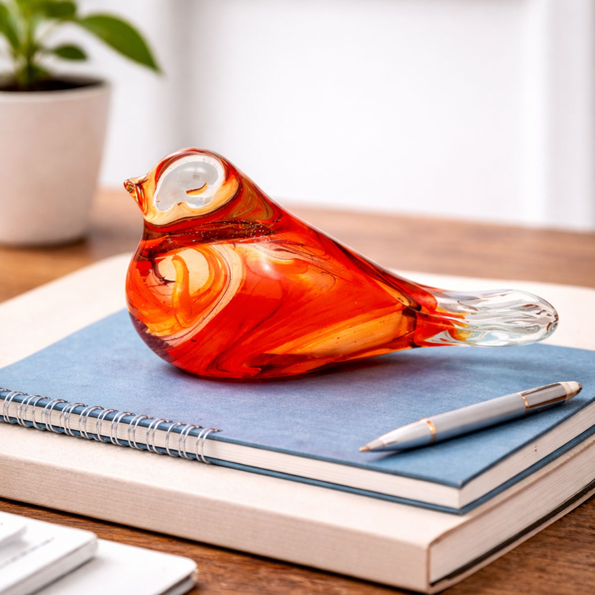 Presse-papier oiseau en verre orange
