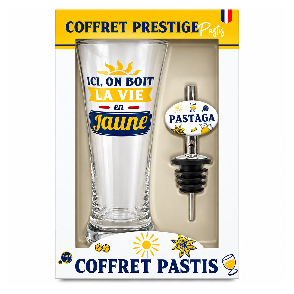 Coffret cadeau pastis La vie en jaune avec verre et bec verseur