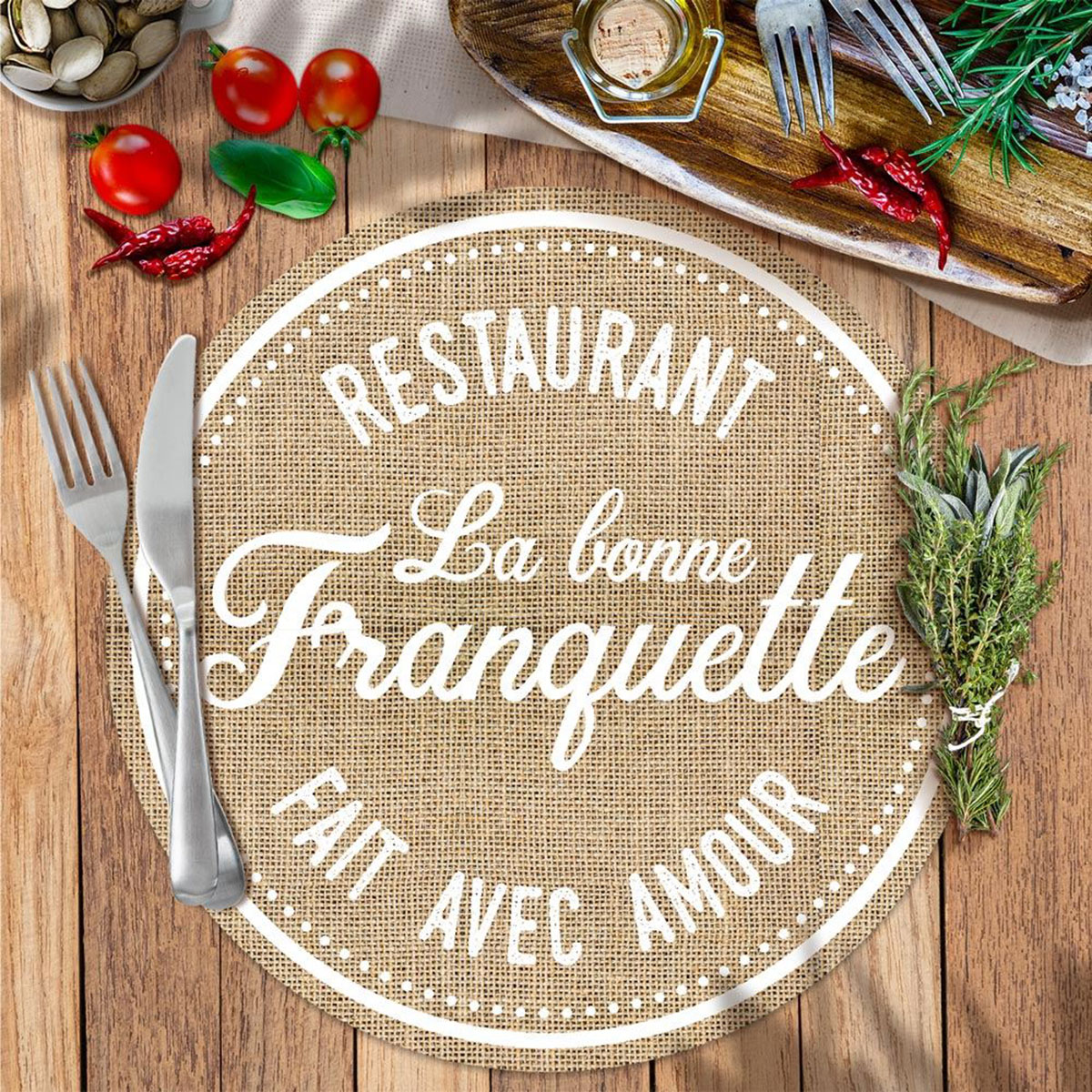 Set de table rond La bonne franquette en toile de jute