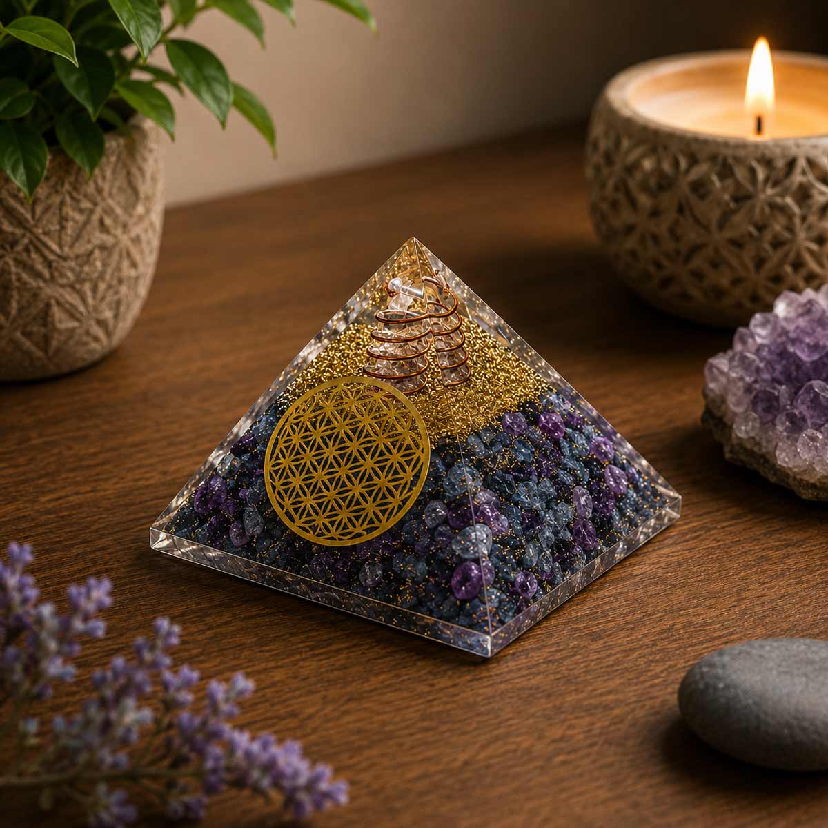 Pyramide Orgonite en Agate Bleue avec Fleur de Vie