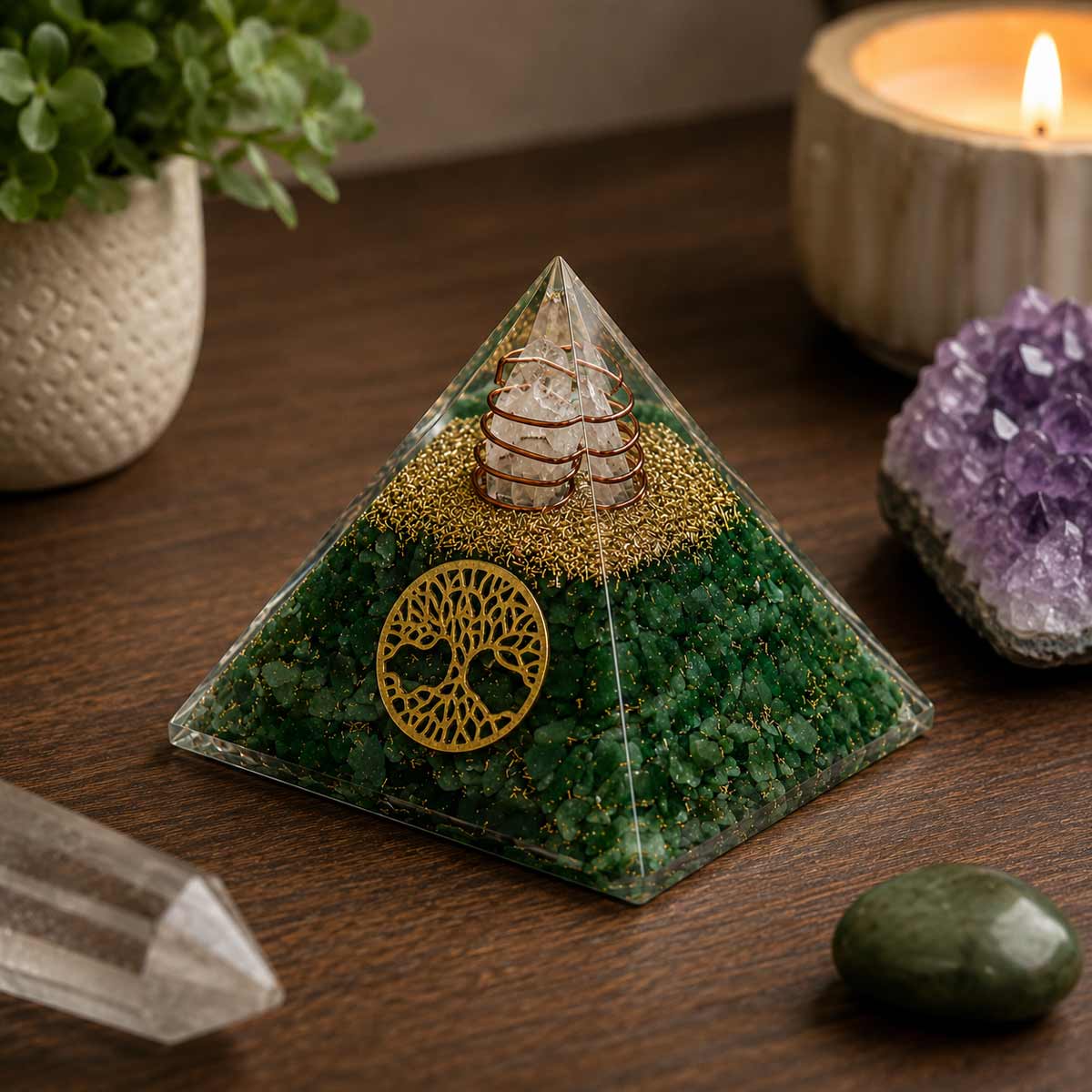 Pyramide Orgonite en Aventurine avec Arbre de Vie