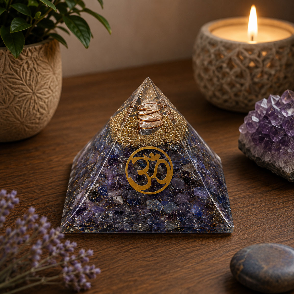 Pyramide Orgonite en Agate Bleue avec symbole OM