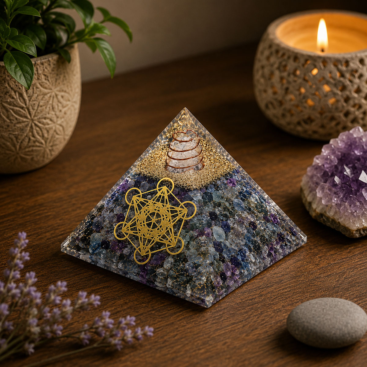 Pyramide Orgonite en Agate Bleue avec Cube de M�tatro