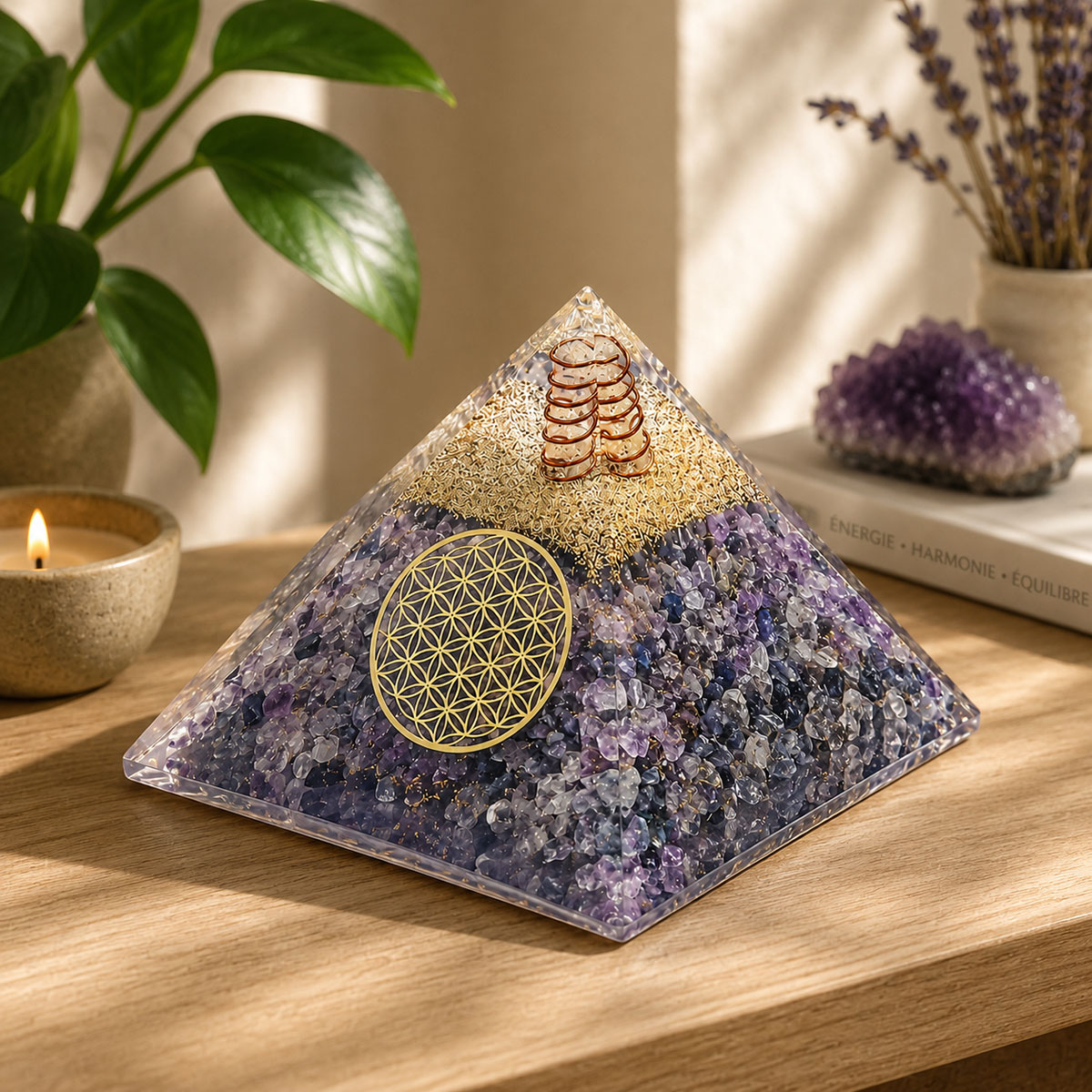 Pyramide Orgonite en Agate Bleue avec Fleur de Vie