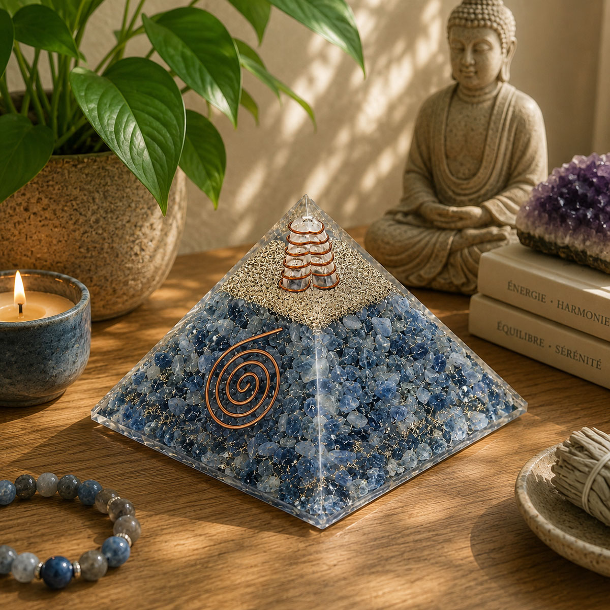 Pyramide Orgonite en Agate Bleue avec symbole �nergie