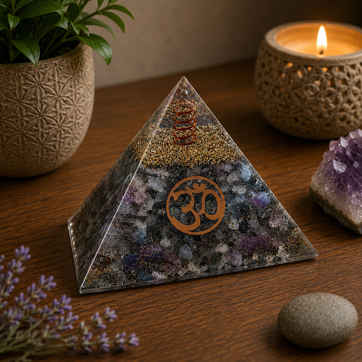 Pyramide Orgonite en Agate Bleue avec symbole AUM