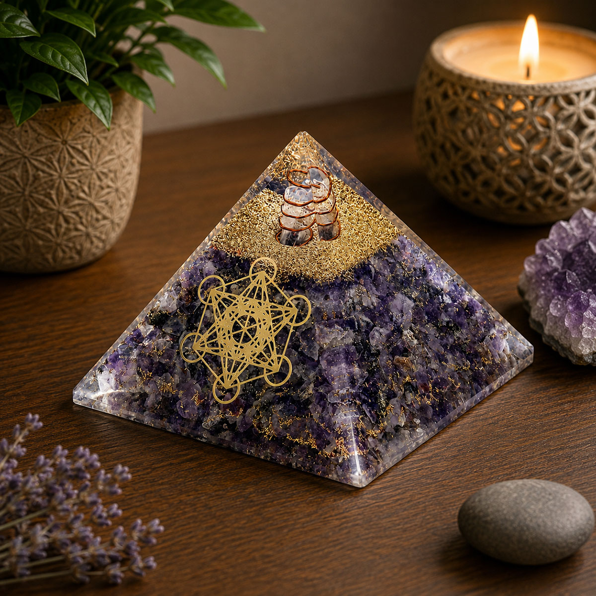 Pyramide Orgonite Agate Bleue avec Cube de M�tatron