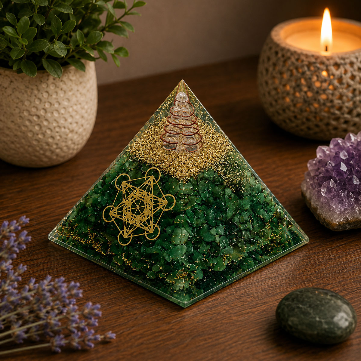 Pyramide Orgonite en Aventurine avec Cube de M�tatron