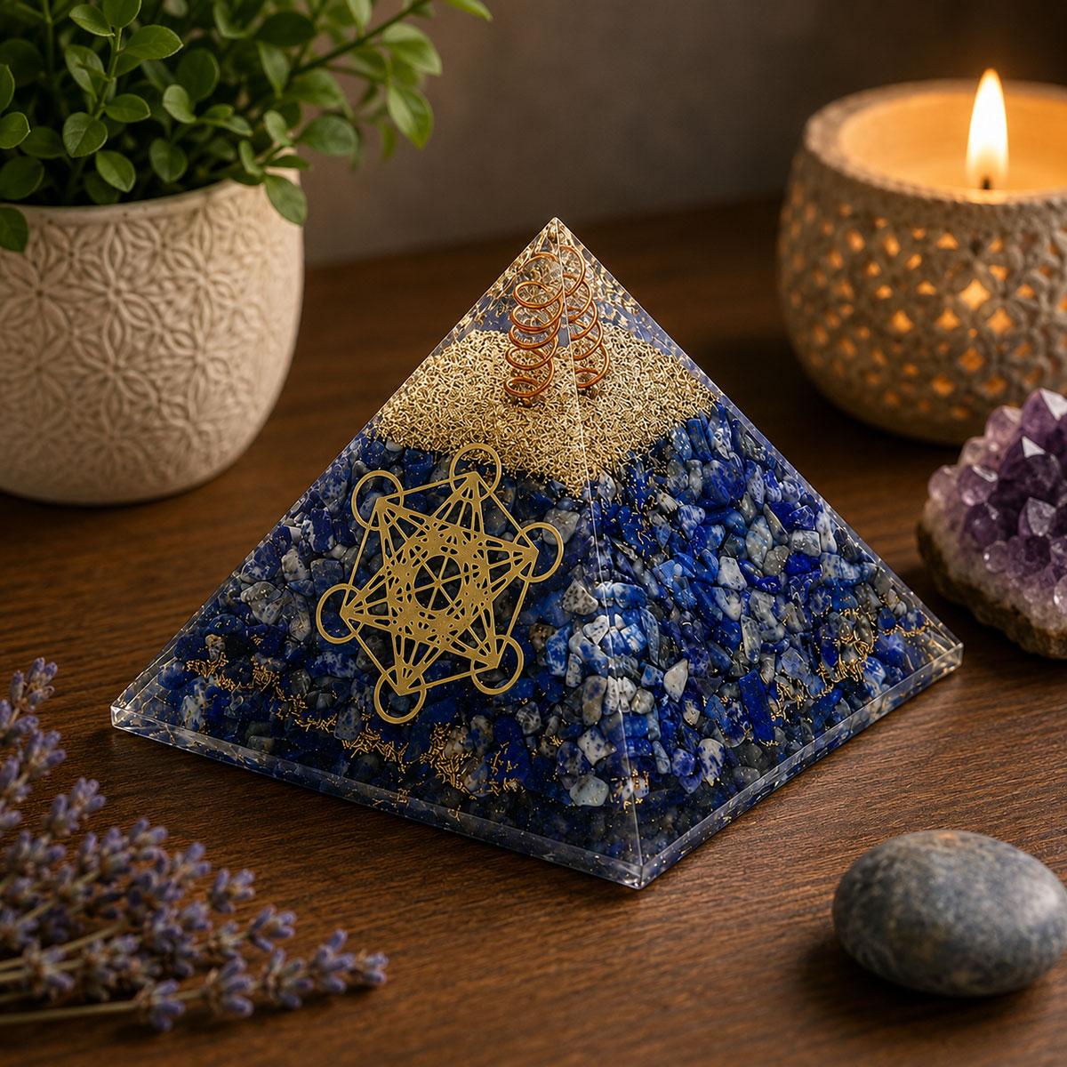 Pyramide Orgonite en Lapis Lazuli avec Cube de M�tatron