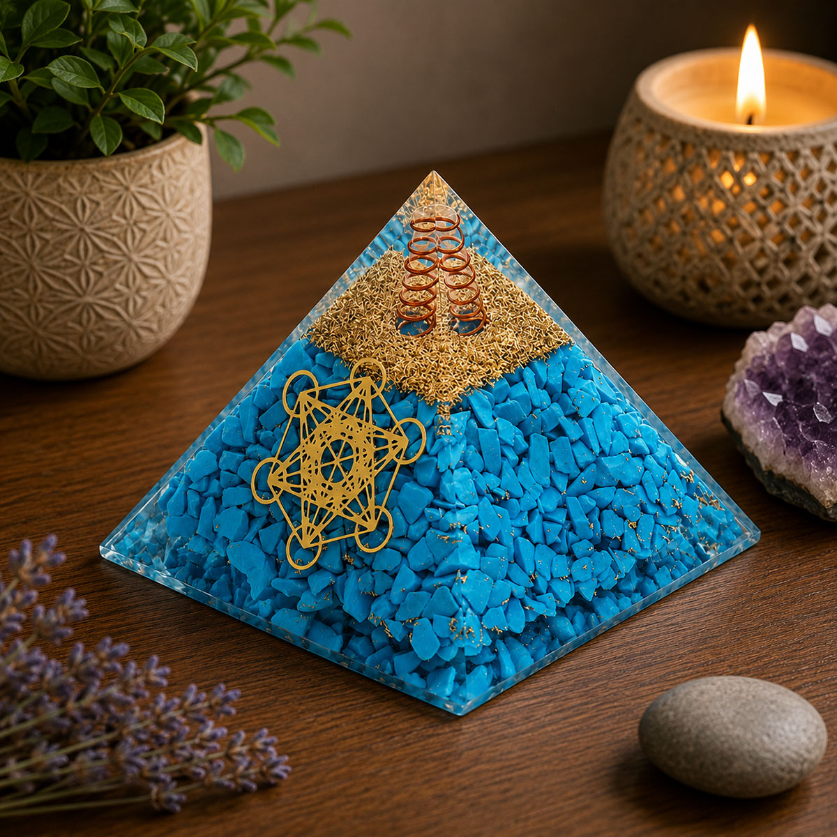 Pyramide Orgonite en Turquoise Synth�tique avec Cube de M�tatron