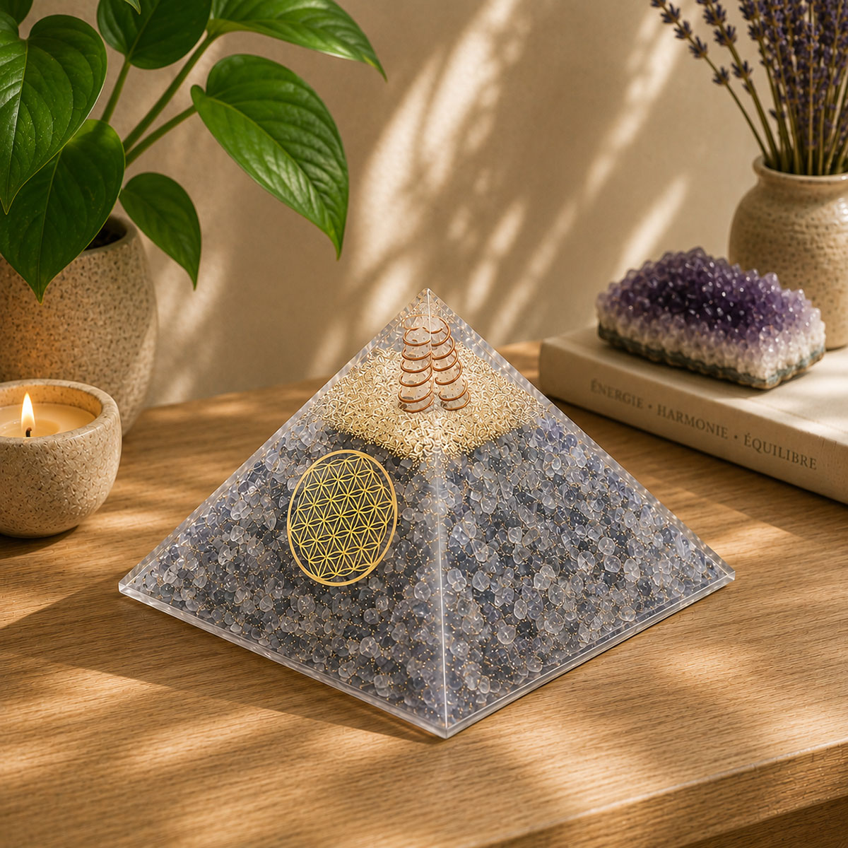 Pyramide Orgonite en Agate Bleue avec Fleur de Vie