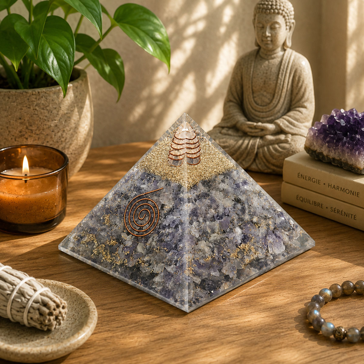 Pyramide Orgonite en Agate Bleue avec spirale cuivre