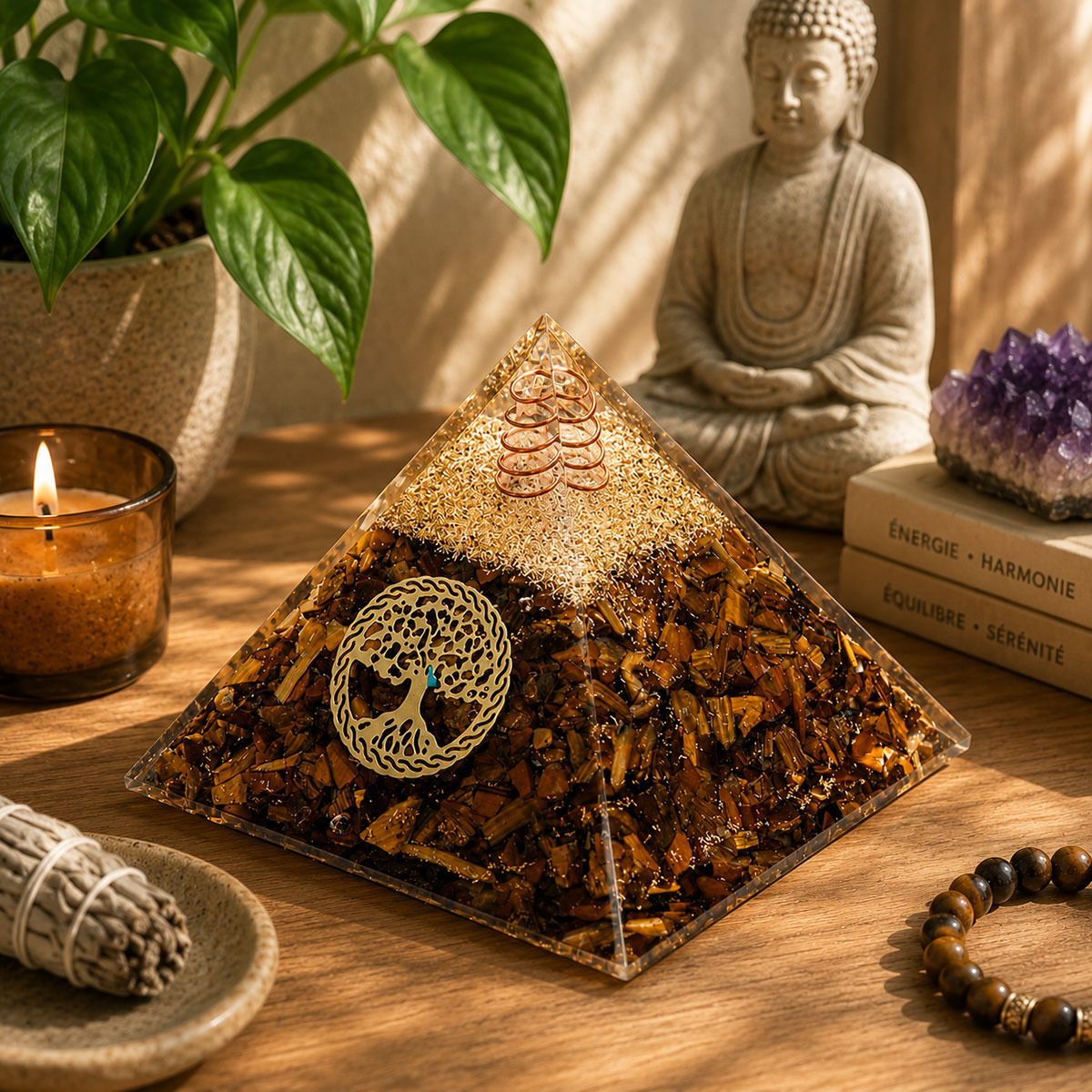 Pyramide Orgonite en �il de Tigre avec Arbre de Vie