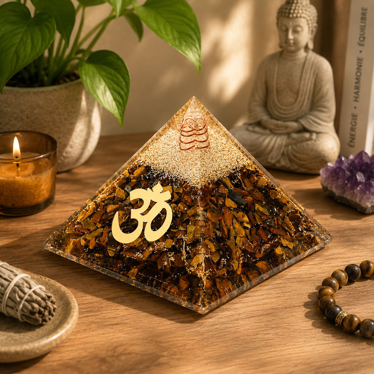 Pyramide Orgonite �il de Tigre avec symbole AUM