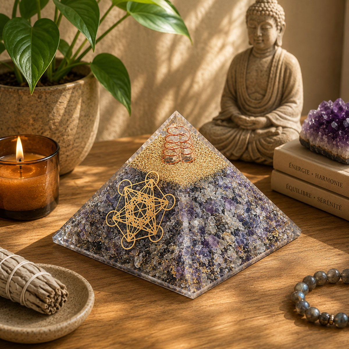 Pyramide Orgonite en Agate Bleue avec Cube de M�tatron