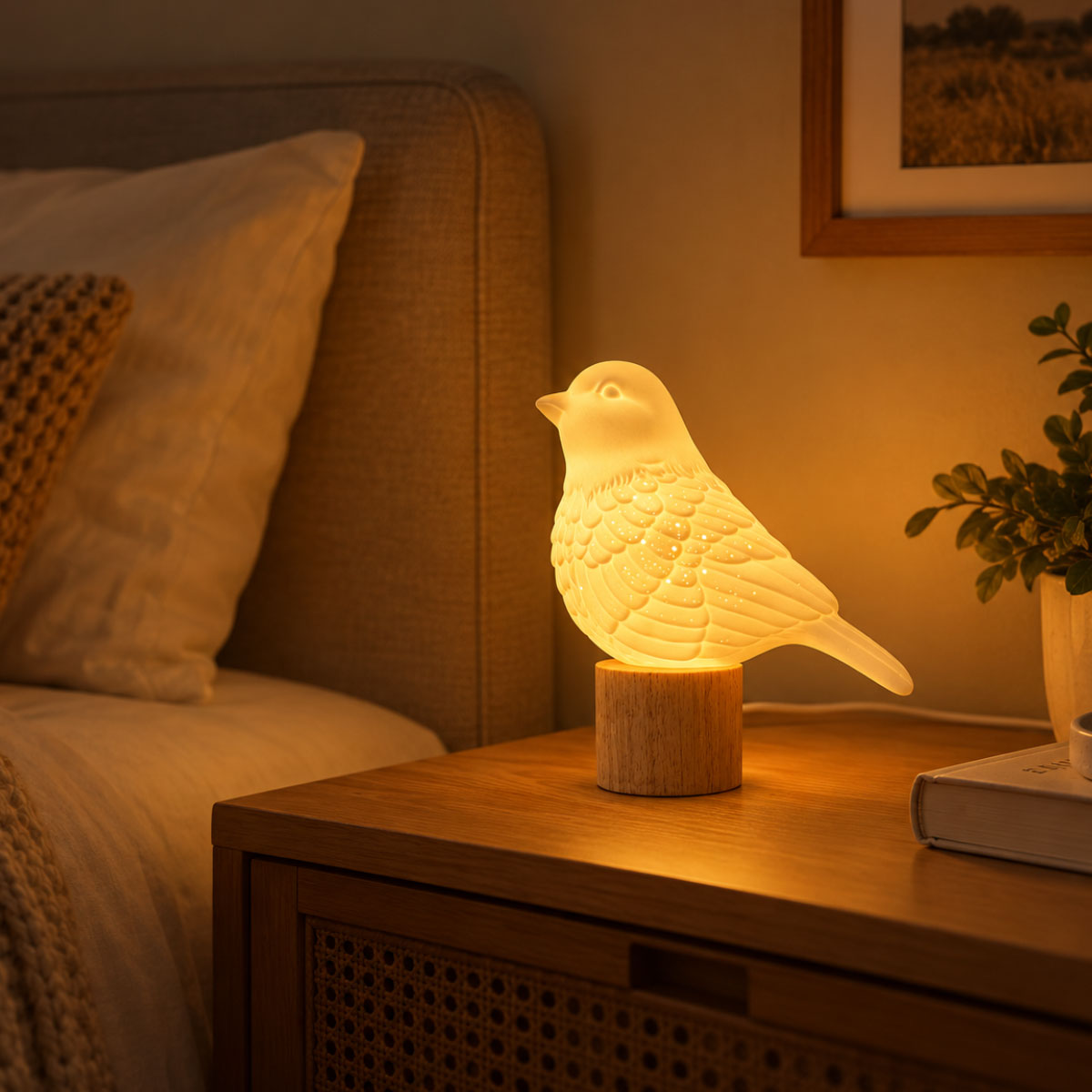 Lampe oiseau en porcelaine blanche ajour�e - 20 cm