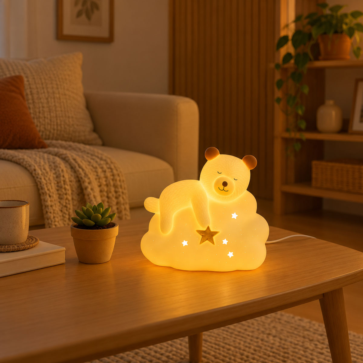 Lampe ours endormi sur nuage en porcelaine - 19 cm