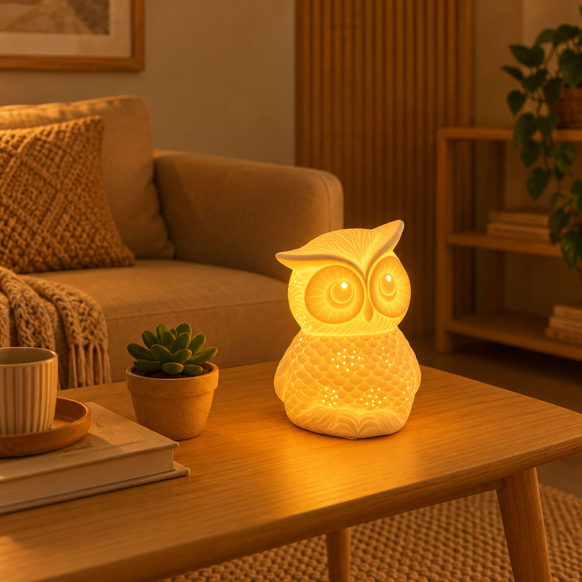 Lampe hibou en porcelaine blanche ajour�e - 20 cm