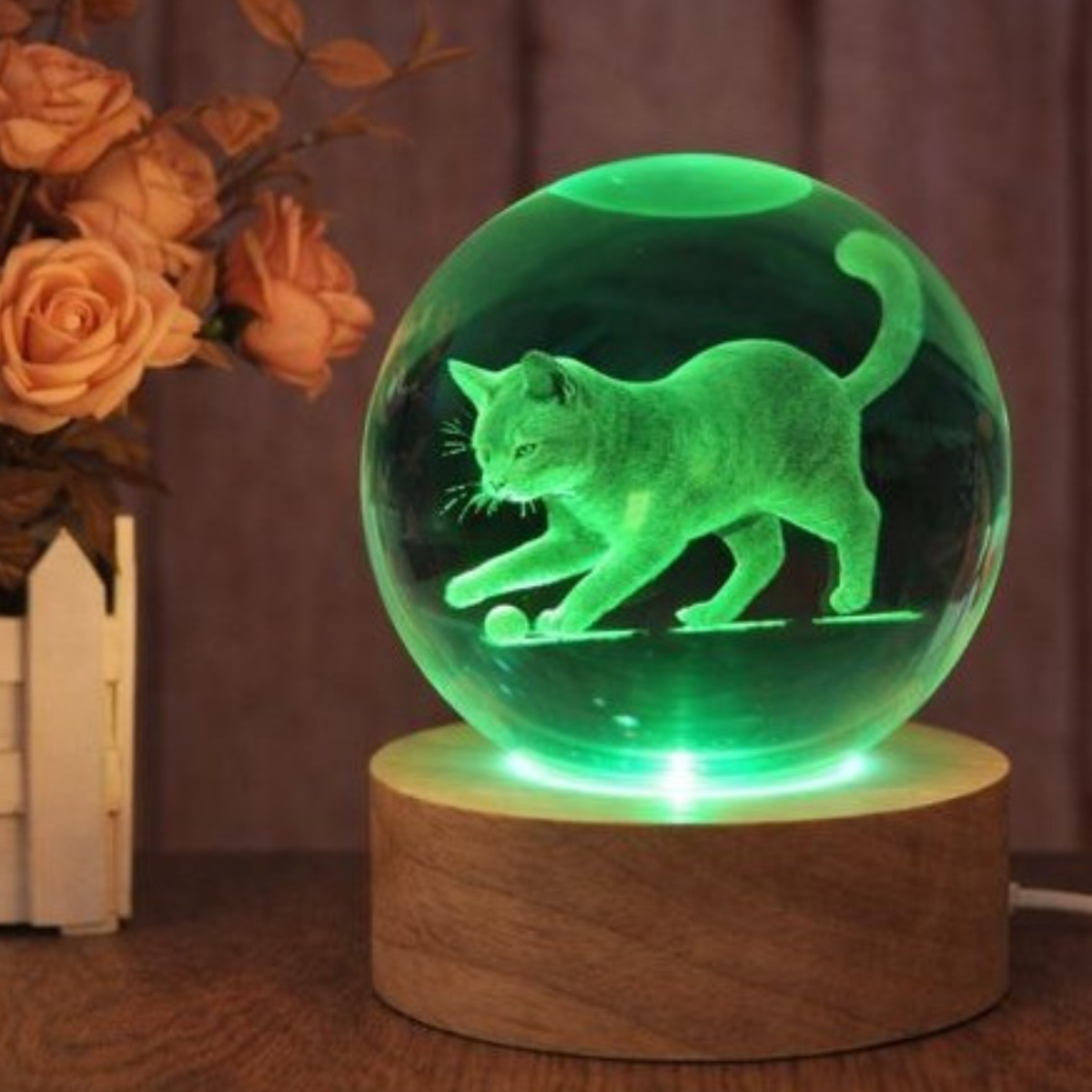 Veilleuse LED 3D chat joueur avec balle en verre et bois