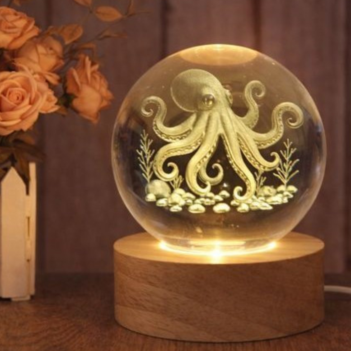 Veilleuse LED 3D pieuvre en verre sur socle en bois