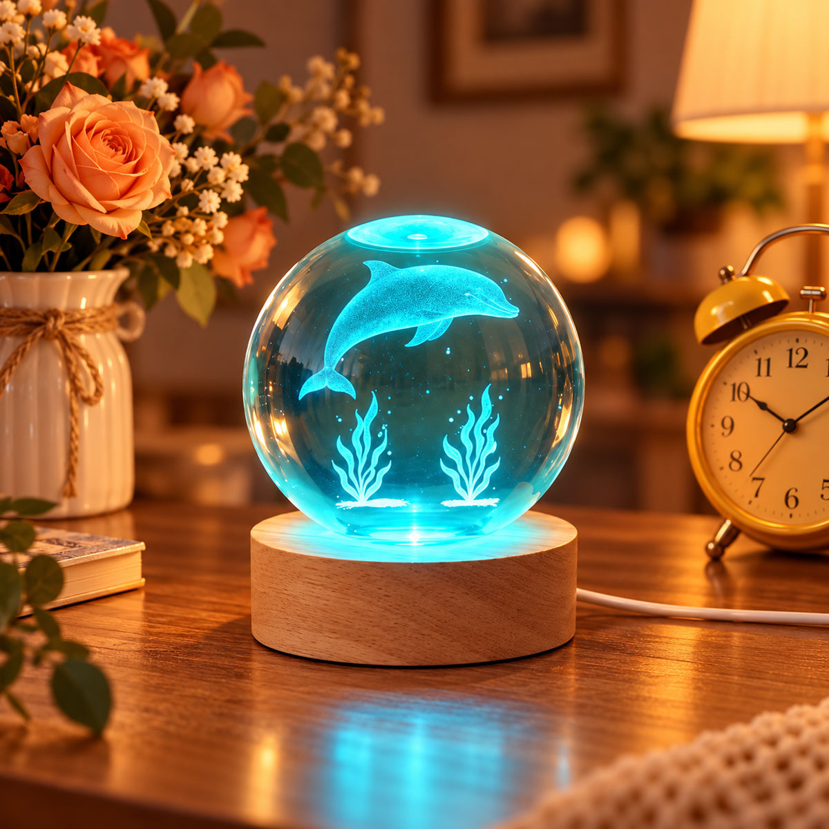 Veilleuse LED dauphin en verre et bois 10,7 cm