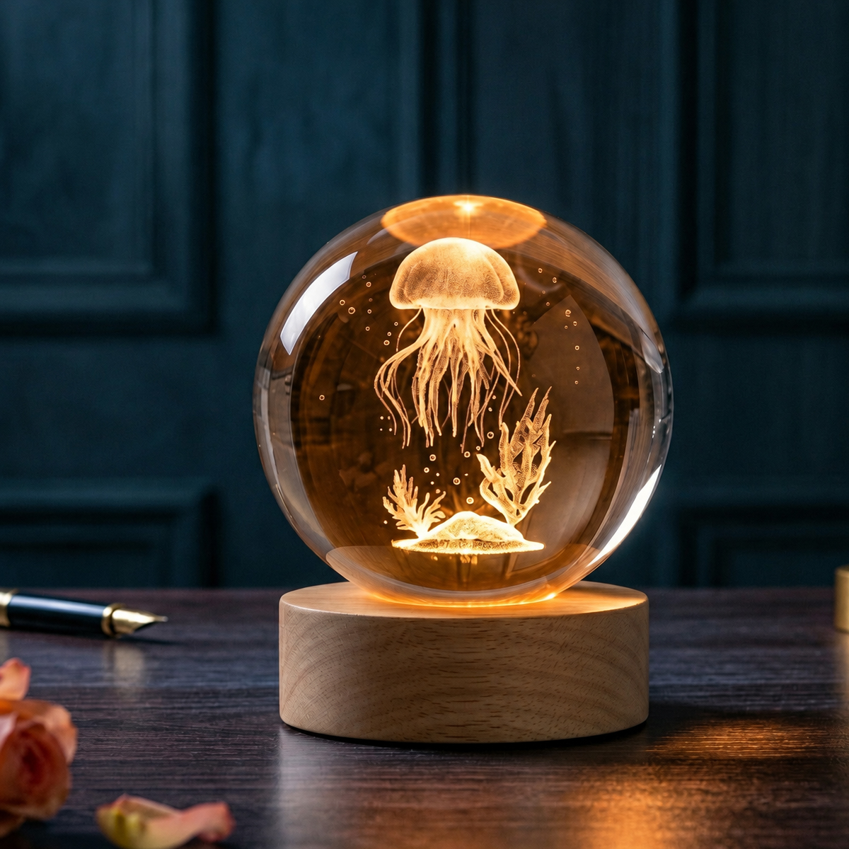 Veilleuse LED 3D m�duse en verre et socle en bois