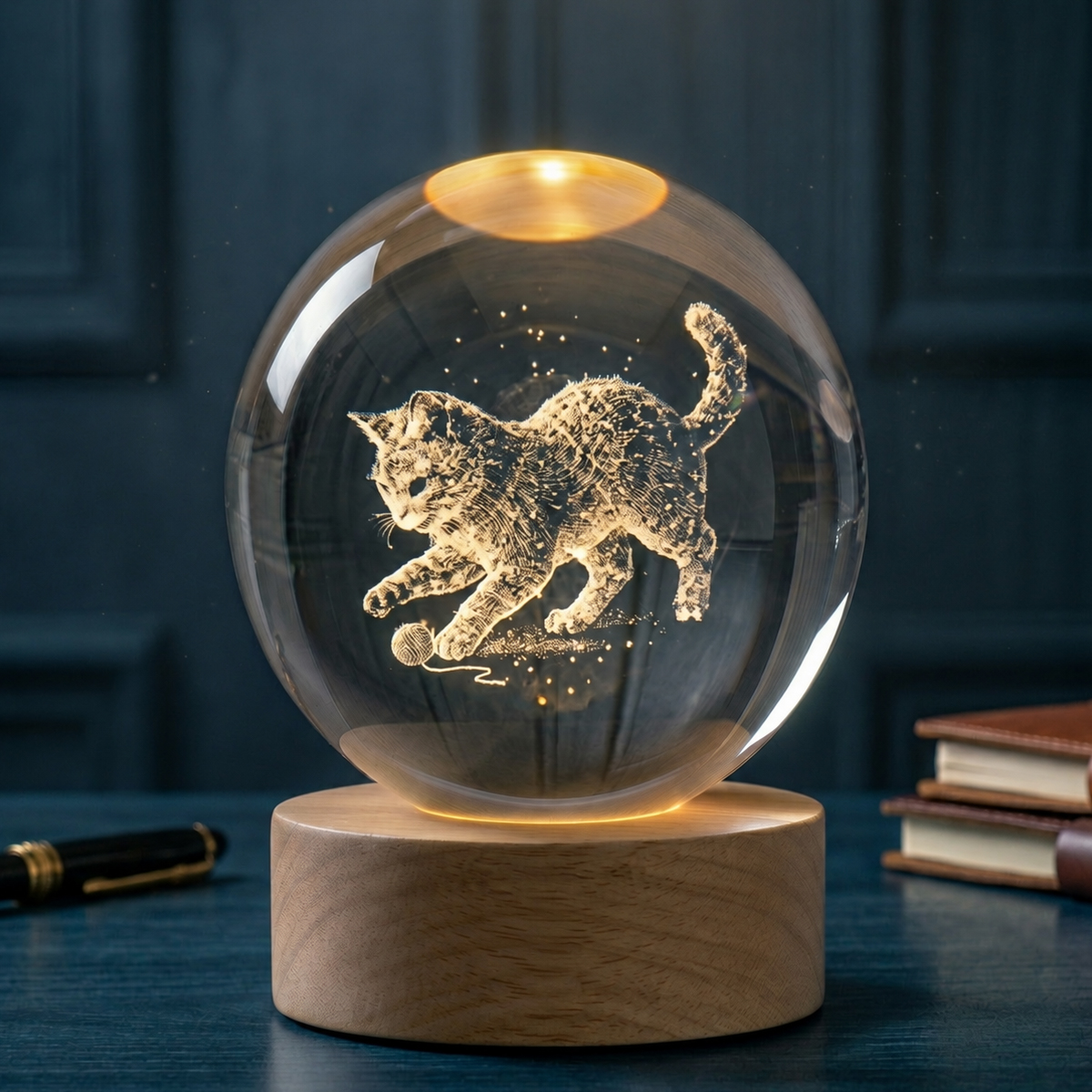Veilleuse LED 3D chaton et pelote de laine en verre