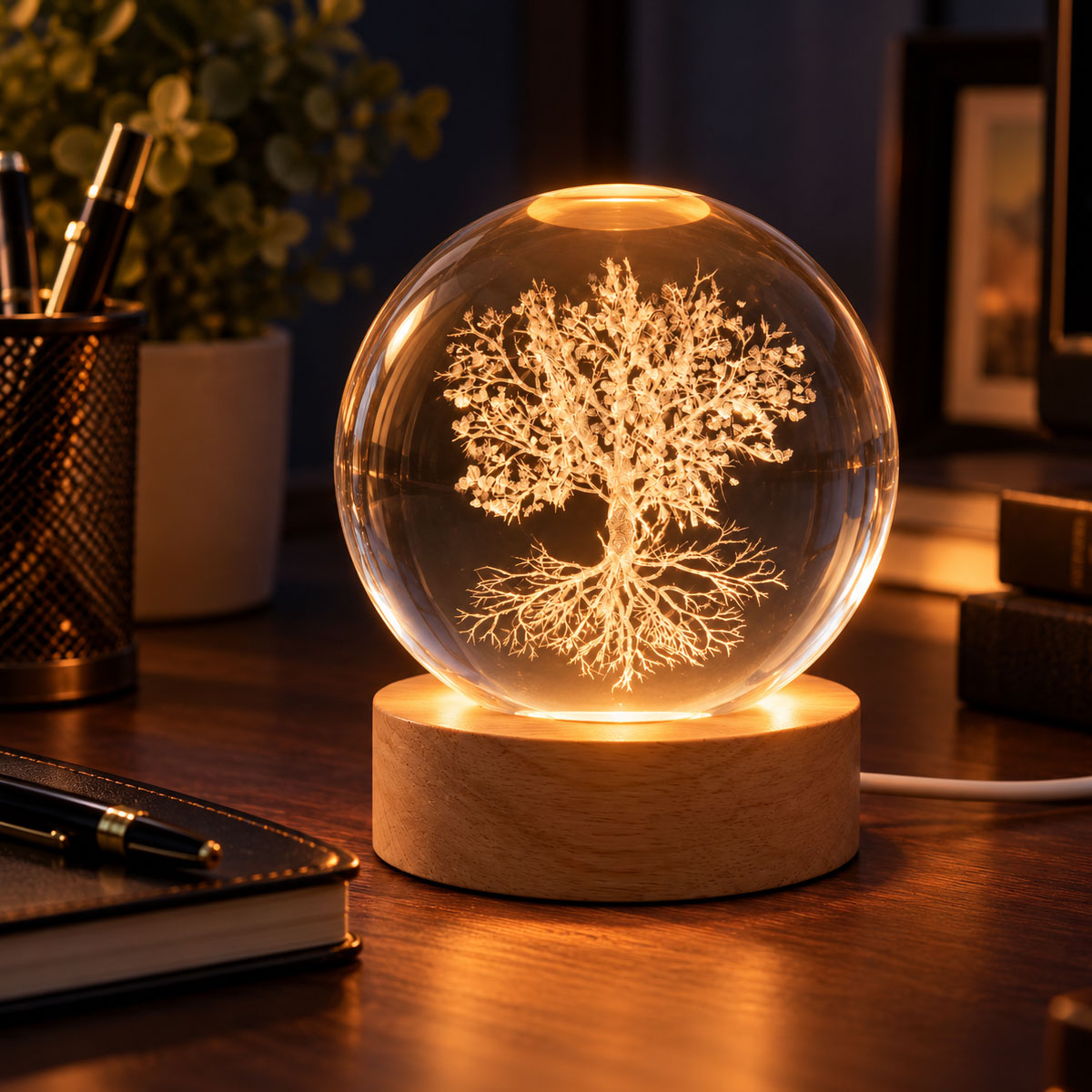 Veilleuse LED 3D arbre de vie en verre et bois Lightmeup