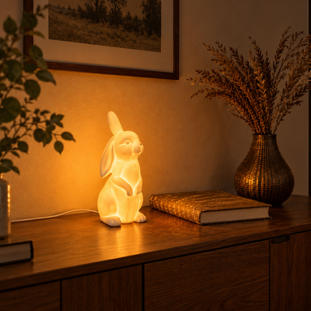 Lampe lapin en porcelaine blanche � poser - 24 cm