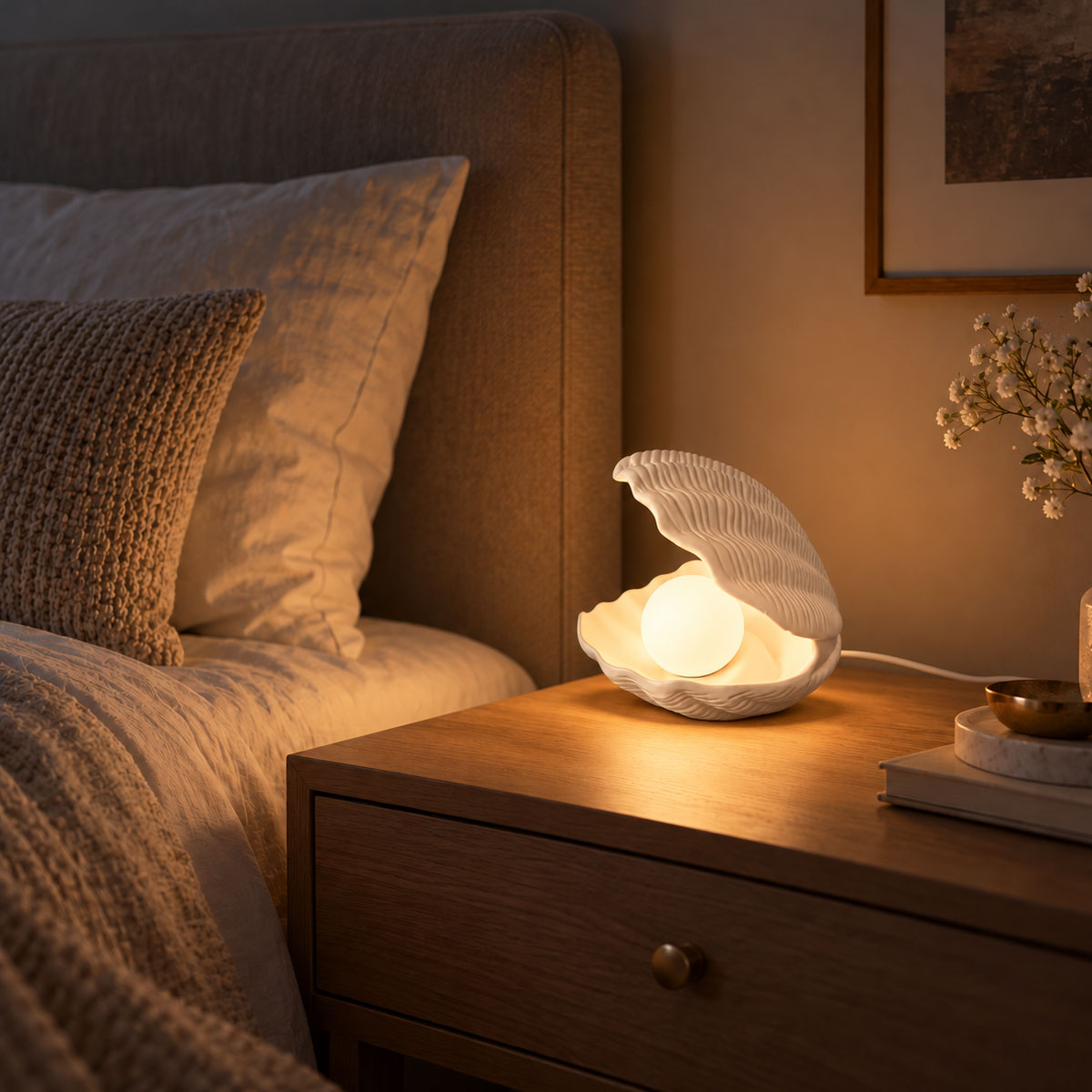 Lampe coquillage ouvert en porcelaine blanche - 21 cm