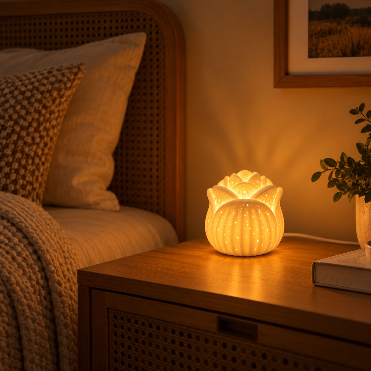 Lampe fleur de lotus en porcelaine blanche ajour�e - 17 cm