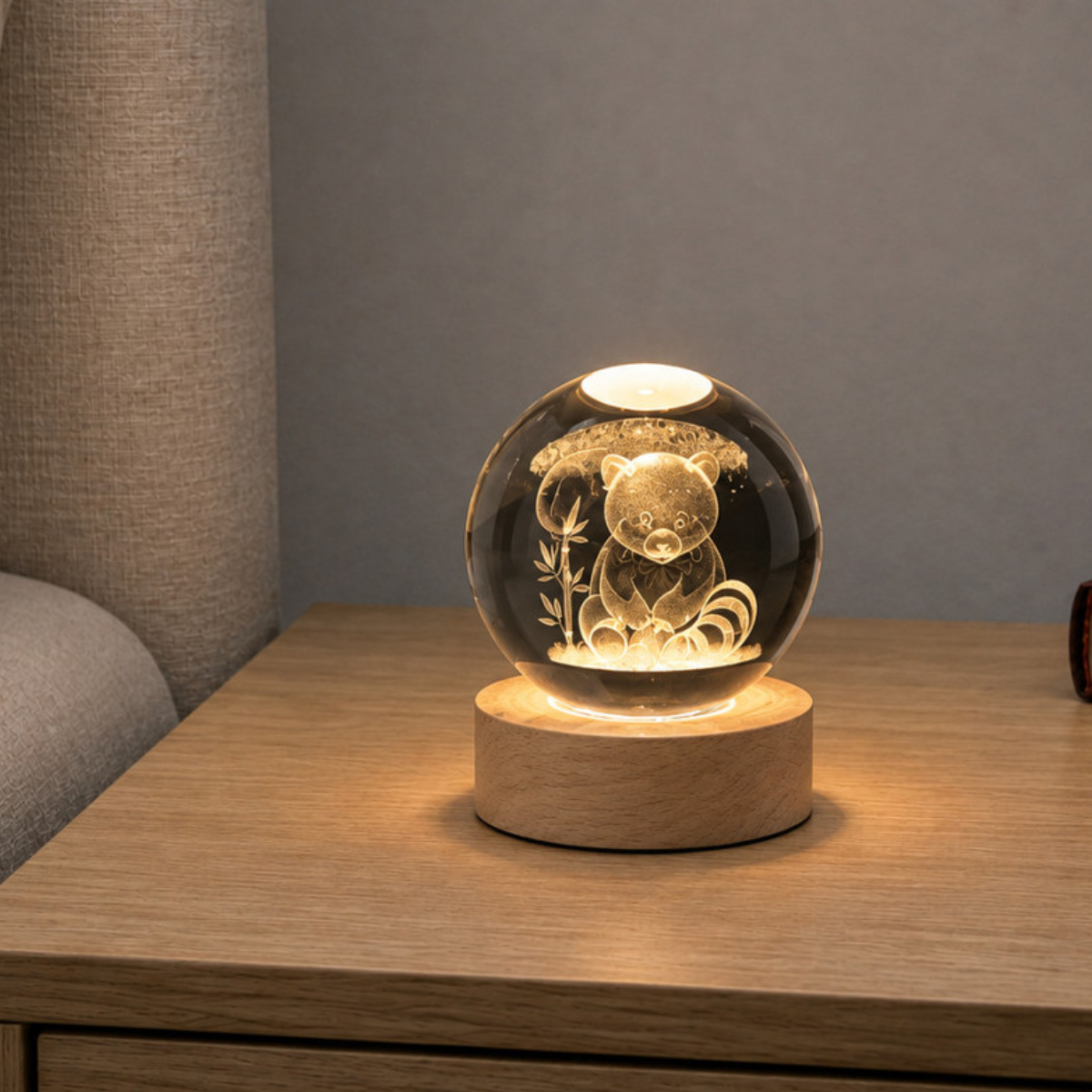 Veilleuse LED 3D panda roux boule de verre Lightmeup