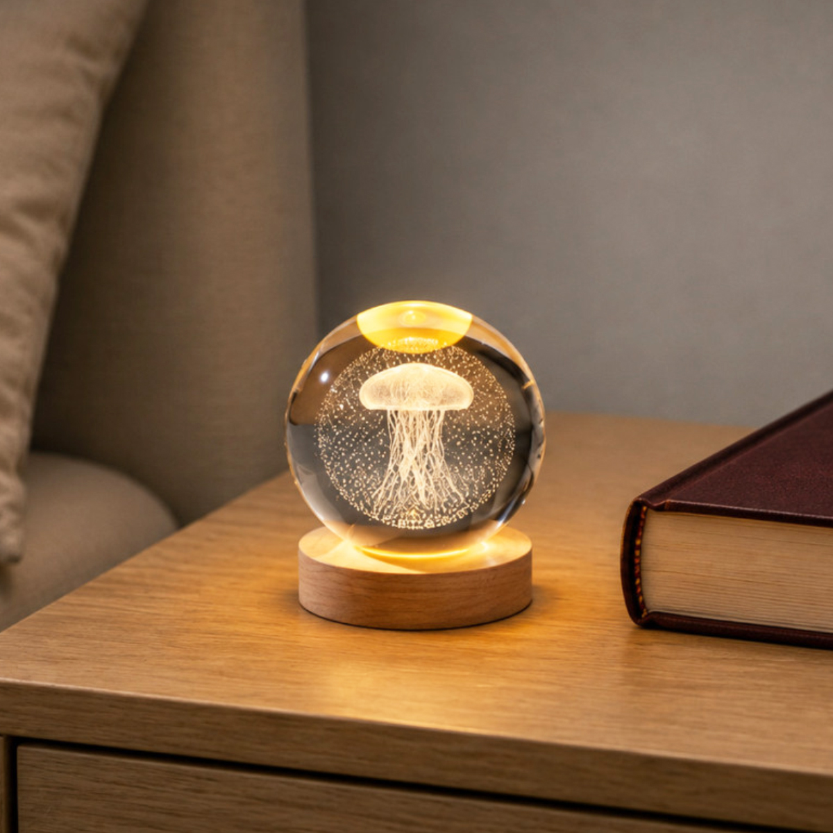 Veilleuse LED 3D m�duse en verre et bois 8,5 cm
