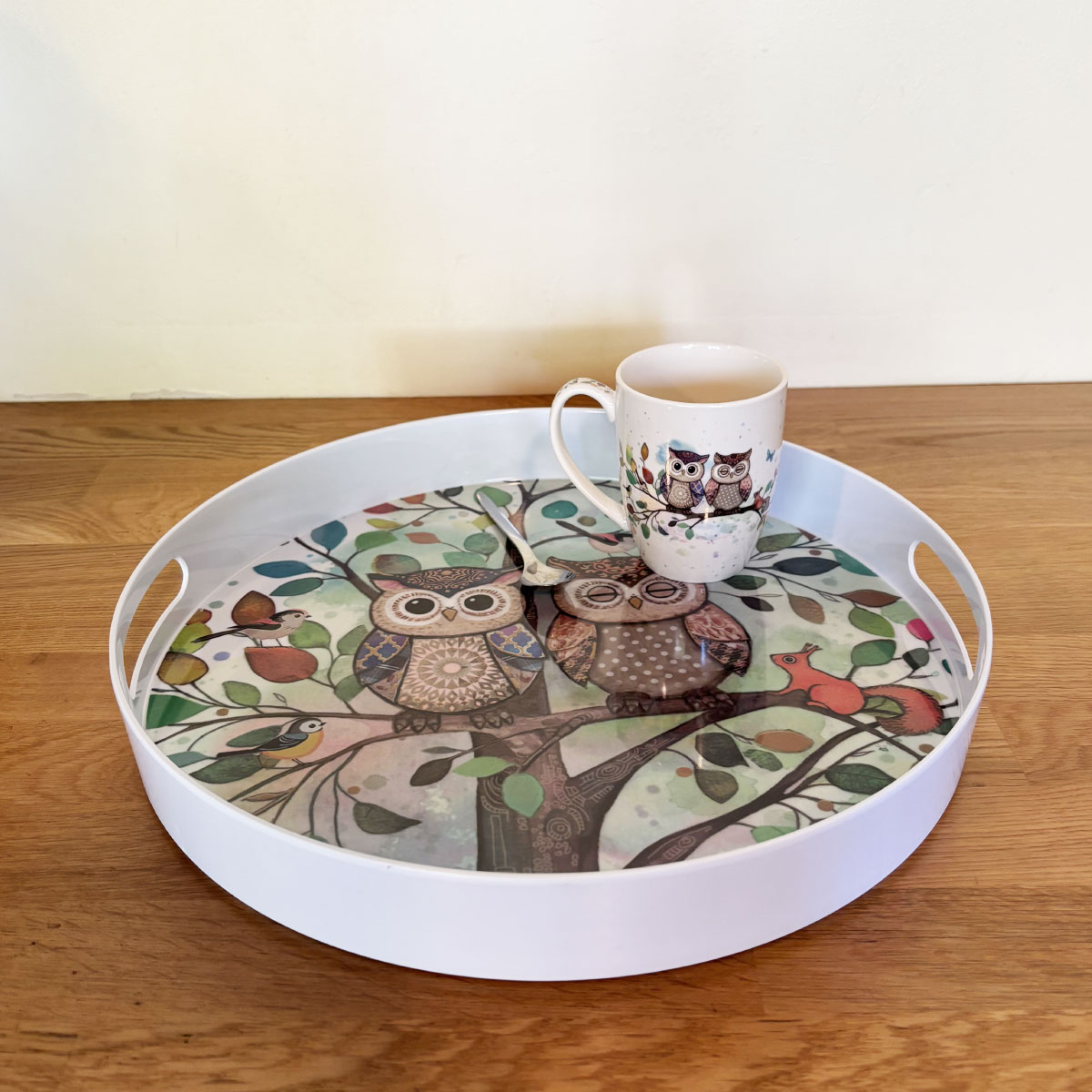 Plateau rond  Couple de Chouettes et vgtation