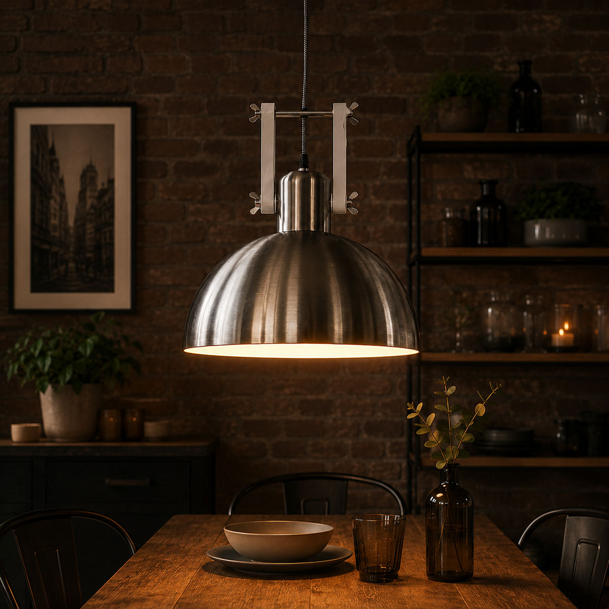 Lustre Industriel Dexter en Acier bross� et blanc mat