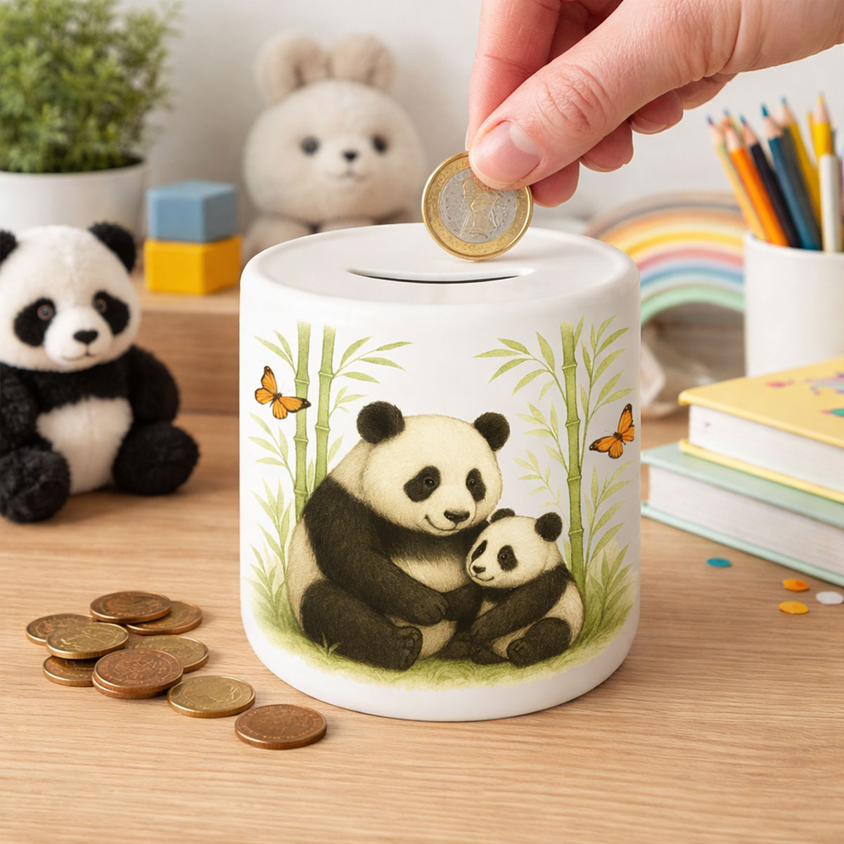 Tirelire maman et b�b� Panda en c�ramique � 9,5 cm