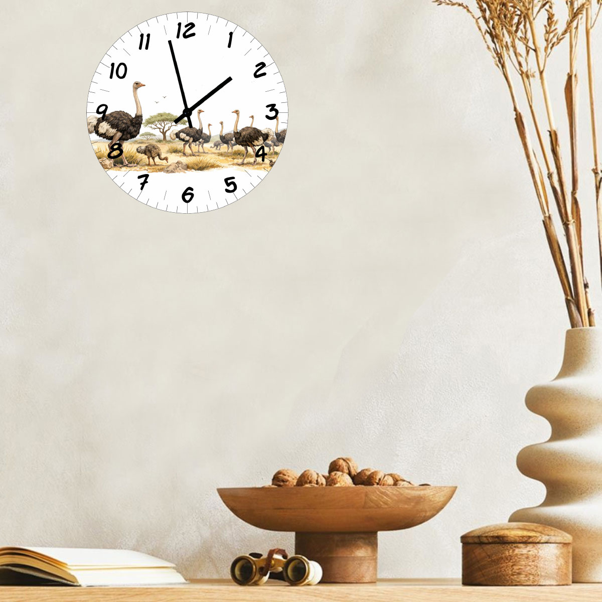 Horloge murale autruches en verre 29 cm